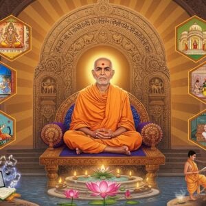 A majestic portrait of Swami Dayananda Saraswati in traditional saffron robes, seated in padmasana on an ornate marble platform, radiating divine wisdom through golden aura. Behind him, a massive carved stone archway features intricate Vedic mathematical symbols and Sanskrit scriptures transformed into flowing light patterns. To his right, a modern Indian classroom seamlessly merges with a traditional gurukul, depicted in Madhubani art style with students in both modern and traditional attire. To his left, floating geometric mandalas contain scenes of women's education and scientific instruments. The foreground shows books and scrolls transforming into digital tablets and modern educational tools, rendered in peacock blue and gold. Soft ethereal lighting bathes the scene, with glowing lotus flowers rising from a tranquil pool below. The background features the rising sun symbolizing enlightenment, with rays forming architectural elements of both ancient temples and modern universities. Art style combines hyperrealistic digital rendering with traditional Indian Pattachitra patterns, emphasizing rich maroons, saffrons, and deep blues.