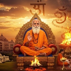 A dignified portrait of Swami Dayananda Saraswati in traditional saffron robes, seated in padmasana on an ornate golden throne-like platform, radiating divine wisdom. His face shows serene determination, with flowing white beard and penetrating eyes. Behind him, a massive Vedic fire altar (havan kund) emits golden-orange flames that transform into intricate Sanskrit scriptures swirling in the air. On one side, a modern university building merges with a traditional gurukul architecture, while on the other side, Indian women in modern attire studying ancient texts, symbolizing women's education. The background features the rising sun casting rays through clouds forming the shape of "ॐ". The scene is rendered in a fusion of Madhubani and modern digital art style, with rich colors of saffron, deep maroon, and celestial blue. Intricate mandala patterns and Vedic symbols float ethereally in the atmosphere. The lighting is dramatic with warm golden hues highlighting the spiritual ambiance. Photorealistic details mixed with surreal elements, 8k resolution, cinematic lighting.