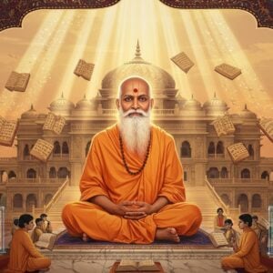A serene portrait of Swami Dayananda Saraswati in traditional saffron robes, seated in padmasana on a marble platform, surrounded by ancient Vedic manuscripts floating in golden light. His face radiates wisdom with a gentle smile, long white beard, and penetrating eyes. Behind him rises a massive modern glass-and-marble library structure merged with traditional Indian temple architecture. Intricate Madhubani-style patterns in deep maroon and peacock blue frame the scene. Multiple rays of light beam down through crystal prisms, creating a spectrum of colors that illuminate floating Sanskrit verses. The background features a subtle gradient from dawn orange to spiritual purple. Contemporary Indian students in modern attire sit at his feet, while holographic displays showing Vedic teachings hover in the air. Detailed peacock feather motifs and lotus patterns adorn the corners. The lighting is ethereal with soft golden hour glow, creating a bridge between ancient wisdom and modern times. The art style combines hyperrealistic digital painting with traditional Indian art elements, emphasizing both spirituality and intellectual pursuit.