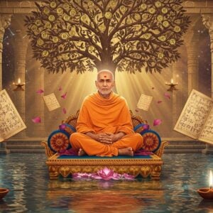 A serene portrait of Swami Dayananda Saraswati in traditional saffron robes, seated in padmasana on a golden lotus platform, surrounded by intricately detailed Vedic manuscripts that float and emit a soft ethereal glow. Behind him rises a massive Madhubani-style tree of knowledge, its branches forming Sanskrit patterns. The scene is illuminated by warm golden light streaming through ancient temple pillars. Four floating diyas with blue flames mark the cardinal directions. Crystal-clear water reflects the scene below, creating a mirror effect. The background features a blend of traditional Indian architectural elements with cosmic imagery - constellations forming Vedic symbols. Swami's face radiates wisdom and peace, with a subtle aura in deep saffron. Peacock feathers and lotus petals float in the air, while geometric mandala patterns in gold and deep maroon emerge from the manuscripts. The art style combines hyperrealistic portraiture with mystical Indian traditional art elements, featuring a color palette of deep saffron, gold, peacock blue, and earthy browns. The overall composition suggests both timeless wisdom and contemporary relevance.
