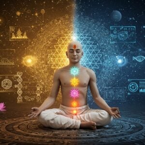 A serene Indian yogi in pristine white dhoti sitting in Padmasana against a cosmic backdrop featuring a large, intricate Sri Yantra mandala. The yogi radiates a visible golden aura, with chakra points illuminated in vibrant colors along the spine. Floating around him are modern holographic displays showing DNA helixes and brain neuron activity in neon blue. The scene is split into two halves - one side shows traditional Vedic symbols and Sanskrit manuscripts in aged gold, while the other side displays modern scientific instruments and data visualizations. Ethereal lotus flowers float in the space, their petals transforming into streams of digital energy. The lighting combines warm spiritual golden glow with cool technological blue highlights. The composition follows Madhubani art style patterns but with a sleek, futuristic finish. Surreal celestial bodies and constellations in the background merge with quantum physics patterns. The yogi's face shows deep peace and wisdom, with a subtle smile and closed eyes in deep meditation. Art style should be hyper-detailed digital art with traditional Indian art influences.
