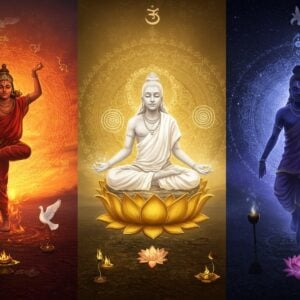 A mystical triptych composition showing three distinct ethereal Indian figures representing the Gunas - Center: a serene sage in pristine white robes (Sattva) meditating on a golden lotus, emanating pure white light, surrounded by ascending spirals; Left: a dynamic warrior-like figure (Rajas) in royal red attire performing an energetic dance pose, encircled by swirling orange and red energy patterns; Right: a shadowy contemplative figure (Tamas) in deep blue robes in introspective pose, enveloped in indigo and violet hues. Each section features corresponding sacred geometric mandalas behind the figures. The background transitions from bright golden light (center) to vibrant sunrise colors (left) to deep cosmic night (right). Intricate Madhubani-style patterns flow between sections. Small symbolic elements float around: white doves near Sattva, flickering flames near Rajas, and lotus buds near Tamas. The overall scene has a surreal, ethereal quality with soft glowing auras and floating light particles. Photorealistic rendering with modern digital art aesthetics, deep rich colors, and subtle gradient lighting effects.