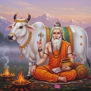 A serene ancient Indian sage Vashistha with long silver-white beard, wearing saffron-colored dhoti and angavastram, seated in padmasana on a deerskin mat beside the celestial cow Kamadhenu. He holds a golden kamandalu in his right hand and sacred texts in his left. His face radiates divine wisdom with a subtle golden aura. Behind him stands the majestic white Kamadhenu with intricate Madhubani-style patterns on her body in gold and peacock blue. The background features a misty Himalayan landscape at dawn with soft pastel pinks and purples. Sacred fire altar nearby with ethereal smoke forming intricate mandala patterns in the air. Glowing lotus flowers float around him. The scene is illuminated by a combination of morning sunlight and spiritual radiance. Photorealistic digital art style with traditional Indian art elements, emphasizing divine atmosphere through lighting and composition. Deep rich colors transitioning to ethereal pastels.