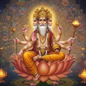 A hyper-detailed, ethereal illustration of Lord Brahma seated on a magnificent lotus emerging from Lord Vishnu's navel, rendered in rich gold and deep saffron hues. Brahma has four distinct faces, each radiating divine wisdom, with four arms holding the Vedas, prayer beads, water pot, and making the blessing gesture. His snow-white beard flows majestically. Around him, intricate Madhubani-style patterns form cosmic swirls, depicting the creation of the universe with galaxies, stars, and celestial beings. Sacred Sanskrit symbols float in a spiral arrangement, illuminated by divine light. The background features a massive mandala in peacock blue and gold, with concentric circles containing miniature scenes from the Purana. Floating lotuses and sacred threads weave through the composition. The lighting is otherworldly, with soft golden rays emanating from Brahma's aura, creating a dimensional, modern digital art aesthetic while maintaining traditional Indian art elements. All deities and celestial beings should have Indian features and traditional ornaments.