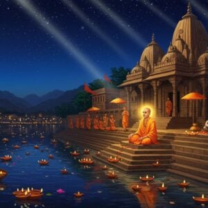 A serene nighttime scene of Sant Tukaram Maharaj in traditional white dhoti and angavastram, sitting in meditation on the steps of the historic Vithoba Temple in Dehu, illuminated by warm golden light. He's surrounded by floating diyas on the Indrayani River, creating reflective patterns on the water. The temple architecture showcases intricate Maratha-style carvings with detailed mandala patterns. In the background, devotees are performing abhanga kirtan, their silhouettes visible against the deep blue sky filled with twinkling stars. Ethereal rays of divine light descend from above, creating a mystical atmosphere. The scene includes traditional Maharashtrian elements like tulsi vrindavan and deepstambha. The color palette combines deep midnight blues, warm golden yellows, and soft saffron hues. The art style merges traditional Pattachitra techniques with modern digital art, featuring intricate patterns and spiritual motifs. The overall composition emphasizes the spiritual energy of Dehu with subtle glowing auras and floating flower petals.