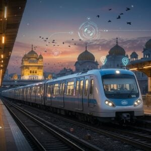 A modern, sleek Delhi Metro train in vibrant silver and blue colors gliding through a stylized cityscape at dusk, with the iconic Gurudwara Sis Ganj Sahib's golden domes visible in the background. The scene features a blend of traditional Indian architecture and futuristic elements, with holographic navigation markers floating in the air. The composition includes intricate Madhubani-style patterns in the sky, rendered in luminescent blues and golds. The foreground shows a beautifully detailed station platform with geometric patterns inspired by Indian motifs, illuminated by warm, golden lighting. Flying birds form the shape of directional arrows in the sky. The scene incorporates smart display panels with subtle glowing elements and flowing energy lines representing metro routes. The overall atmosphere is dynamic yet serene, with a color palette of deep blues, burnished golds, and warm oranges. The art style combines hyperrealistic architectural details with ethereal, spiritual elements, creating a harmonious blend of tradition and innovation. Soft light particles and subtle sacred geometry patterns float in the air, adding a magical quality to the urban scene.