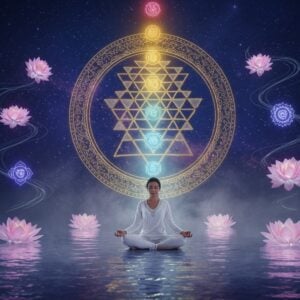 A serene Indian meditation scene featuring a young Indian woman in lotus position floating above a reflective pool of water, wearing contemporary white yoga attire with traditional elements. She's surrounded by seven chakra-colored ethereal orbs arranged vertically, each emitting a soft glow. The background features a large, intricate Sri Yantra mandala rendered in gold light against a deep blue-purple cosmos. Multiple translucent lotus flowers in pastel pink and white float around her. Swirling energy patterns in gold and white create dynamic light trails. The scene is illuminated by gentle, diffused light creating a mystical atmosphere. The art style combines digital painting with traditional Madhubani patterns in the details. Sacred geometry patterns are subtly woven throughout the composition. A soft mist hovers over the water surface, reflecting the golden mandala. The overall color palette focuses on deep blues, purple, gold, and white, with accent colors from the chakras. Hyperrealistic rendering with magical realism elements, cinematic lighting, detailed textures, 8k quality.