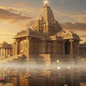 A majestic ancient Gupta-era temple emerges from morning mist, its ornate shikhara rising dramatically against a golden sunrise. The temple's pale sandstone walls feature intricately carved panels depicting Vishnu's ten avatars in classical Gupta style with precise details. The main panel shows Lord Vishnu reclining on Sheshanaga in the cosmic ocean, rendered in traditional Indian artistic style with rich golds and deep blues. Surrounding the temple are ethereal lotus pools reflecting the structure, creating a mirror-like effect. The scene is enhanced by soft, glowing orbs of light and floating flower petals. Multiple levels of the temple are visible, showcasing the detailed architectural elements like amalaka, mandapa, and carved pillars. The foreground features stylized geometric patterns inspired by Madhubani art, while the background shows mystical clouds in peacock blue and saffron hues. Divine light streams through the temple's entrance, illuminating the intricate carvings with a supernatural glow. The overall composition combines hyperrealistic architectural details with surreal lighting and mystical elements, creating a sense of timeless divinity. The art style merges traditional Indian temple architecture with modern digital fantasy aesthetics, emphasized by particle effects and atmospheric lighting.