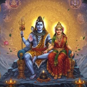 A grand ethereal scene featuring Lord Shiva and Goddess Parvati seated on a crystalline throne atop Mount Kailash, rendered in a fusion of traditional Madhubani and modern digital art. Shiva, blue-skinned with four arms, holds a trishul in his upper right hand, damaru in upper left, while lower hands are in blessing mudra. His matted locks flow with the celestial Ganga, crescent moon adorning his head. Parvati, in a deep red and gold saree, seated gracefully beside him. The background features an enormous, intricate mandala in shades of gold and saffron, emanating divine light. Surrounding them are floating lotus flowers, peacock feathers, and swirling cosmic energies in turquoise and purple hues. The scene is framed by ornate Indian architectural elements with detailed filigree work. Multiple smaller vignettes in circular frames showing other deities: Ganesha with his modak, Krishna playing flute, Lakshmi on lotus, and Hanuman in devotion. The entire composition glows with divine radiance, featuring a harmonious blend of deep jewel tones and ethereal pastels. Hyperrealistic 8K quality, cinematic lighting with golden hour glow, atmospheric depth, ornate details, spiritual aura.
