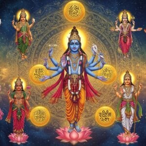 A divine gathering showing multiple deities from different cultures merged harmoniously - central figure of a radiant Indian deity with 4 hands holding lotus, conch, chakra, and mace, surrounded by ethereal manifestations of divine beings from other traditions. The background features a massive multilayered mandala with intricate Sanskrit, Arabic, Chinese, and Greek sacred scripts seamlessly woven into its patterns. Floating golden orbs of light connect all figures symbolizing universal divinity. The color palette transitions from deep celestial blues to warm golden hues. Multiple lotus flowers in various stages of bloom float in a spiral pattern. The scene is set in a cosmic space with swirling star-like elements and flowing celestial scarves. The art style combines traditional Madhubani patterns with modern digital art techniques, featuring rich textures and metallic accents. Soft glowing auras surround each divine figure, creating a dreamlike atmosphere. Multiple planes of existence are suggested through translucent layers. The lighting is ethereal with god rays emanating from the central figure, 8k resolution, cinematic lighting, hyperrealistic details.