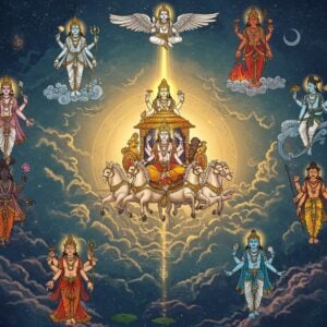 A majestic celestial realm floating in cosmic space, featuring seven distinct levels of divine beings arranged in a vertical mandala formation. At the center, a radiant Surya Dev seated on his golden chariot pulled by seven horses, emanating brilliant rays of light. Surrounding him are various devatas in different tiers - Vayu Dev creating swirling wind patterns, Agni Dev with his characteristic flames, Varuna Dev amidst flowing waters, and Indra Dev wielding his vajra. The devas are depicted in traditional Indian style with multiple arms, divine weapons, and celestial ornaments, each glowing with their unique aura. The background features intricate Madhubani-style patterns in gold and deep blue, with floating lotus flowers and sacred geometric symbols. Ethereal light streams through clouds, creating a dreamlike atmosphere. The color palette includes deep cosmic blues, celestial golds, divine whites, and touches of emerald and ruby. The scene is rendered in a fusion of traditional Pattachitra art style with modern digital fantasy aesthetics, creating a sophisticated and spiritually rich visual. Subtle particle effects and glowing orbs add a magical quality to the composition.