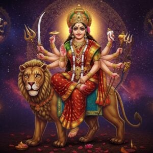 A majestic portrayal of Goddess Durga in her divine form, with 10 arms wielding her sacred weapons - sword, conch, discus, lotus, bow, shield, trident, thunderbolt, arrow, and spear. She rides her fierce lion against a cosmic backdrop featuring intricate Madhubani-style mandalas. Her face radiates divine serenity with a gentle smile, adorned with a golden crown and traditional Indian jewelry. She wears a flowing red and gold silk saree with detailed embroidery. The background shows three ethereal scenes in a modern minimalist style: her battle with Mahishasura, blessing her devotees, and cosmic creation. Swirling energy patterns in gold and deep purple create a supernatural aura. The lighting is dramatic with golden rays emerging from behind her form, illuminating the scene. The art style combines hyperrealistic digital rendering with traditional Indian art motifs. Small details include lotus petals floating in the air, sacred Sanskrit symbols glowing in gold, and peacock feather accents. The overall composition suggests power, protection, and divine motherly love.