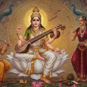A celestial scene featuring Goddess Saraswati in her resplendent form, seated on a white lotus in padmasana pose, playing the veena. She has four arms - two playing the veena, one holding sacred texts, and one holding a crystal rosary. She wears a pure white silk saree with gold border, adorned with delicate pearl jewelry. To her right, a classical Indian dancer in bharatanatyam pose, dressed in traditional dance costume in deep maroon and gold. To her left, a contemporary Indian woman artist painting on a large canvas with vibrant colors. The background features a grand, intricate mandala in gold and peacock blue, with floating musical notes and dance mudras rendered in Madhubani style. Swirling patterns of rangoli designs and artistic motifs blend traditional and modern elements. The scene is illuminated by a divine ethereal light, creating a dreamy atmosphere with soft pink and gold hues. Peacocks with detailed feathers in traditional Pattachitra style frame the scene. Small floating lotuses, veena strings, and dance bells create a border around the composition. The overall aesthetic combines hyperrealistic details with surreal, spiritual elements, emphasizing the flowing movement of dance and music.