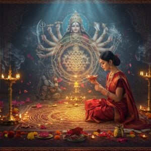 A serene Indian woman in a crimson silk saree performing an elaborate puja ritual in a sacred space, illuminated by multiple brass diyas casting golden light. She sits before a yantra diagram etched in copper and adorned with kumkum and flowers, featuring the Sri Yantra pattern with precise geometric forms. Around her, concentric mandalas float ethereally in the air, glowing with soft blue and gold energy. The space is decorated with blooming lotus flowers, floating marigold petals, and swirling smoke from sandalwood incense. Multiple translucent forms of Goddess Durga appear in the background, each holding traditional weapons - trishul, sword, chakra, and conch shell. The art style combines traditional Madhubani patterns in the borders with modern digital art techniques, featuring rich jewel tones of deep maroon, saffron, and peacock blue. Sacred symbols like Om and Swastika are subtly woven into the background patterns. The lighting is mystical with streams of divine light entering through temple windows, creating an atmosphere of spiritual awakening and divine feminine energy.