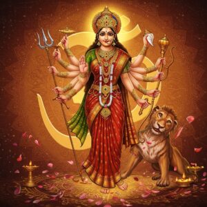 A majestic, ethereal portrayal of Devi Durga in her divine form with eight arms, radiating golden light, floating above a cosmic mandala. Each hand holds traditional weapons - sword, trident, conch, lotus, bow, thunderbolt, shield, and bell. She wears a rich crimson silk saree with intricate gold zari work, adorned with elaborate gold jewelry. Her face exhibits serene confidence with almond-shaped eyes and a gentle smile. Behind her, a massive translucent Om symbol glows in soft saffron. The background features a seamless blend of traditional Madhubani patterns transforming into modern sacred geometry. Multiple smaller vignettes surround the main figure, each showing different avatars of Devi - Kali, Lakshmi, and Saraswati - rendered in a contemporary minimalist style with pastel colors. Floating lotus petals and spiritual symbols create a dynamic swirl around the composition. The scene is illuminated by divine light sources creating an otherworldly atmosphere, with subtle color gradients from deep maroon to celestial blue. Intricate henna-like patterns flow throughout the space, connecting all elements in a harmonious design.