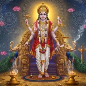 A majestic divine figure of Dharma Devata standing tall in a celestial courtyard, depicted as a serene male deity with four hands - right hands holding the Vedas and a golden scales of justice, left hands carrying a lotus and a flaming torch of truth. Wearing pristine white silk dhoti with gold embellishments, crowned with a detailed golden mukuta. The deity radiates a bright aura of pure white and golden light. The background features intricate Madhubani-style patterns of interconnected dharma wheels and Sanskrit symbols in deep indigo and gold. Floating lotuses and peacock feathers frame the scene. A massive ornate marble throne adorned with elephants and lions sits behind. Ethereal wisps of sacred smoke carrying hints of sandalwood rise from golden censers. The scene is illuminated by soft, divine light creating a gradient from warm gold at the center to deep celestial blues at the edges. Multiple levels of mandala patterns radiate outward. Art style combines hyperrealistic digital rendering with traditional Indian art motifs, creating a modern yet culturally authentic visualization.