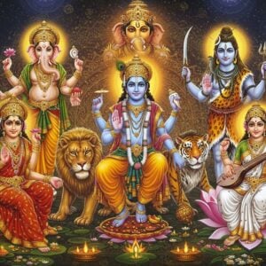 A grand celestial assembly featuring five main Hindu deities arranged in a mystical mandala formation: Lord Vishnu in center (blue-skinned, four arms holding Sudarshan chakra, conch, mace, and lotus, riding Garuda), Lord Shiva to the right (fair-skinned, three eyes, crescent moon in matted hair, holding trishul and damaru, tiger skin attire), Goddess Durga to the left (golden-skinned, ten arms with different weapons, riding lion), Lord Ganesha above (elephant-headed, four arms holding modak, broken tusk, axe, and lotus, riding mouse), and Goddess Saraswati below (pure white saree, playing veena, seated on white lotus). Each deity emanates their signature divine aura in different colors (Vishnu-golden, Shiva-blue, Durga-red, Ganesha-orange, Saraswati-white). Background features intricate Madhubani-style patterns with floating lotus flowers, vedic symbols, and swirling cosmic energies. Scene illuminated by divine light sources, creating a mystical atmosphere. Composition should be modern digital art style with photorealistic details merged with traditional Indian art elements.