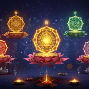 A meticulously detailed array of sacred yantras floating in a mystical ethereal space, arranged in a circular mandala pattern. Each yantra glows with distinct divine energy - Sri Yantra in center radiating bright golden light, Ganesha Yantra in coral red, Durga Yantra in deep crimson, Lakshmi Yantra in emerald green, and Saraswati Yantra in pearl white. Sacred geometric patterns and Sanskrit symbols emerge from each yantra as luminous threads, interweaving to create a larger cosmic design. Lotus petals unfold beneath each yantra, with delicate smoke wisps carrying traditional Indian motifs. The background features a gradient of deep indigo to midnight blue, with subtle stars and constellation patterns. Small offering elements float around - copper bowls with flowers, incense trails, and crystal clusters. Soft orbs of light in saffron and gold create a dreamy atmosphere. The entire scene is rendered in a fusion of traditional Madhubani art style with modern digital aesthetics, emphasizing sacred geometry and mathematical precision while maintaining spiritual mysticism. The lighting creates a 3D effect with the yantras appearing to float at different depths.