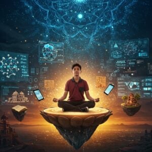 A young Indian student in modern casual wear sitting cross-legged on a floating lotus platform, surrounded by holographic educational displays in rich peacock blue and gold. The displays show 3D molecular structures, mathematical equations, and ancient Sanskrit texts seamlessly blending with modern digital interfaces. Above, a glowing mandala-shaped network of interconnected lights represents digital connectivity. Traditional Madhubani-style patterns form the background, morphing into circuit board designs. The student is illuminated by warm, ethereal light, with a subtle golden aura. Floating tablets and books transition from traditional palm leaves to sleek devices. Small, detailed elements include rural Indian villages transforming into smart education hubs in miniature. The color palette combines deep maroon, saffron, and electric blue with soft pastels. The scene features both urban and rural Indian architectural elements in the distance, connected by streams of digital light. Photorealistic rendering with magical realism elements, cinematic lighting, and high detail, 8k resolution.
