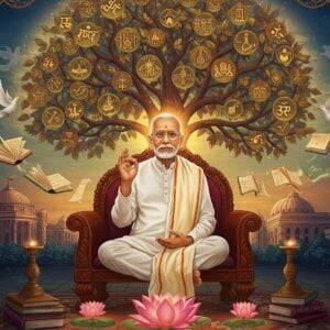 A dignified elderly Indian man with silver hair and round spectacles, wearing a pristine white dhoti and kurta with a cream-colored shawl, sitting cross-legged on an ornate wooden chair in a scholarly pose. Behind him, a massive ethereal tree of knowledge blooms with golden leaves containing philosophical symbols from both Eastern and Western traditions. The background features a harmonious blend of university architecture and temple spires, rendered in soft peacock blues and deep maroons. Ancient Sanskrit texts and modern academic books float around him, their pages transforming into flying doves. His hands are positioned in a teaching mudra, emanating soft golden light. A large, intricate mandala pattern forms a halo behind his head, incorporating elements of the Indian flag and educational symbols. The scene is rendered in a fusion of Madhubani and modern digital art style, with rich textures and detailed patterns. Glowing lotus flowers at his feet represent enlightenment through knowledge, while subtle Ashoka Chakras and philosophical symbols are woven into the border patterns. The lighting is warm and serene, creating an atmosphere of wisdom and scholarly dignity.
