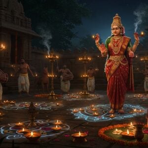 A mystical nighttime scene in a South Indian village temple courtyard, illuminated by dozens of brass oil lamps and glowing kolam patterns. In the center, a powerful female folk deity adorned in a red and gold saree stands with her hands raised in blessing, surrounded by symbolic elements of Dravidian culture - sacred neem trees, terracotta horses, and vibrant marigold garlands. The deity has traditional South Indian jewelry, including temple jewelry headpiece, waist belt, and bangles. In the background, villagers perform ancient ritualistic dance with peacock feathers and drums. The art style combines traditional Thanjavur painting techniques with modern digital art, featuring deep saturated colors of crimson, turmeric yellow, and forest green. The scene includes intricate Kolam patterns on the ground that glow with ethereal blue light, creating sacred geometric patterns. Rich details include smoke from incense, floating flower petals, and carved stone temple architecture with traditional Dravidian motifs. The lighting is dramatic with warm orange tones from the oil lamps contrasting with cool moonlight, creating a mystical atmosphere. The overall composition emphasizes the living, vibrant nature of folk traditions.