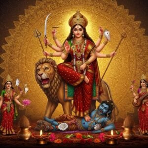 A majestic scene of Goddess Durga in her divine form against a luminous golden mandala backdrop, riding her lion. She has ten arms holding traditional weapons - trishul in upper right, sword in second right, chakra in third right, arrow in fourth right, lotus in fifth right; conch shell in upper left, bow in second left, shield in third left, wine cup in fourth left, and snake in fifth left. She wears a rich red silk saree with gold border, adorned with intricate gold jewelry and a crown embedded with gems. Her face radiates serene power with almond-shaped eyes and a gentle smile. Around her, floating elements of puja preparation - copper kalash with coconut and mango leaves, traditional clay diya with flames, fresh marigold and lotus garlands, and red hibiscus flowers. The background features a modern interpretation of traditional Bengali alpana patterns in white, merging with ethereal swirls of incense smoke. The scene is illuminated by soft, divine light creating a mystical atmosphere. The art style combines hyperrealistic digital rendering with traditional Pattachitra elements, using a color palette of deep crimson, royal blue, saffron, and burnished gold. Demon Mahishasura lies defeated at her feet, while her children Ganesh, Kartik, Saraswati, and Lakshmi stand in smaller scale at the corners.