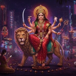 A majestic, modern interpretation of Goddess Durga in her divine form, seated on her lion against a contemporary cityscape backdrop illuminated by neon lights and traditional diyas. The Goddess appears in her traditional form with ten arms, each holding her signature weapons - trishul, sword, chakra, conch, bow, arrow, lotus, mace, shield, and spear. She wears a flowing red and gold silk saree with intricate Madhubani-style border patterns. Her face is serene yet powerful, adorned with traditional jewelry and a glowing crown. The background seamlessly blends ancient and modern elements - skyscrapers with LED displays showing artistic interpretations of the Goddess, street art featuring traditional mandala patterns, and floating holographic representations of her various forms. Her lion mount appears both regal and contemporary, with subtle geometric patterns in its mane. The scene is illuminated by a combination of modern lighting and divine aura, creating a gradient of deep purples, royal blues, and warm golds. Floating lotus flowers emit a soft ethereal glow, while contemporary Indian youth in modern attire are shown offering prayers with smartphones in hand. The overall composition maintains traditional iconography while incorporating elements of cyberpunk and modern digital art, rendered in a hyper-realistic style with subtle animation-like qualities.
