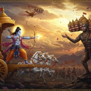 A majestic scene depicting Lord Rama with four arms, standing in a powerful pose on a golden chariot drawn by white horses, aiming his divine bow with a glowing arrow towards a ten-headed Ravana. Rama wears royal blue and gold attire, emanating divine light, while Ravana appears imposing in dark armor with his ten crowned heads displaying different expressions. The background shows an ethereal battlefield with swirling Madhubani-style patterns in deep saffron and maroon. Hanuman flies above with Rama's flag, rendered in traditional Pattachitra style. The scene is framed by intricate mandala patterns glowing in gold and peacock blue. Modern digital effects show sparks of divine energy and flowing light trails in pastel pink and soft blue. Victory flames rise in the background as lotus petals float through the air. The lighting is dramatic with warm golden rays breaking through clouds, creating a surreal, spiritual atmosphere. The composition balances traditional iconography with contemporary digital art techniques.