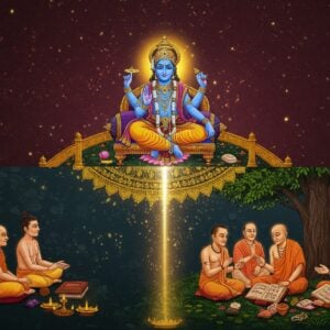A serene philosophical scene depicting two distinct realms - the divine and material worlds - separated by an ornate golden mandala bridge. On the upper realm, Lord Vishnu sits in padmasana on a celestial throne, portrayed in beautiful blue hue, wearing pitambara, with four hands holding Sankha, Chakra, Gada, and Padma, surrounded by radiant light and floating lotus flowers. The lower realm shows the material world represented by an Indian sage in ochre robes teaching five disciples under a sacred banyan tree, with Sanskrit scriptures and symbolic objects scattered around. The background features intricate Madhubani-style patterns in deep maroon and peacock blue, with subtle geometric mandalas. Ethereal light streams connect both realms, symbolizing the eternal difference between Brahman and individual souls. The art style combines traditional Indian miniature painting techniques with modern digital aesthetics, creating a deeply spiritual yet contemporary visual. The scene is illuminated with soft golden light, creating a mystical atmosphere with floating particles and subtle energy patterns.
