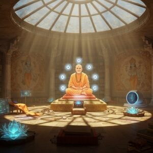 A serene Indian library setting with a modern glass dome ceiling, where rays of golden sunlight stream through, illuminating ancient palm leaf manuscripts and modern digital tablets side by side. In the center, a holographic projection of Madhvacharya in traditional orange robes sits in padmasana, with five distinct auras around him representing the five fundamental differences of Dvaita philosophy. The space features intricate Madhubani-style wall paintings showing the dualistic nature of reality - one side depicting the material world in earthy browns and greens, the other showing the spiritual realm in celestial blues and golds. Floating crystal lotus flowers emit soft blue light, while digital screens display Sanskrit texts with modern translations. The scene incorporates traditional Indian architectural elements like carved wooden pillars with modern minimalist furniture. Ethereal smoke patterns form the shapes of Vayu and Vishnu in the background, while a sophisticated meditation pod with bio-feedback sensors sits in one corner. The lighting creates a dynamic interplay of light and shadow, symbolizing the distinction between Brahman and individual souls. The color palette combines deep indigos, burnished golds, and soft saffron, with hints of celestial blue and emerald green. Hyperrealistic digital art style with spiritual undertones.