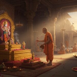 A serene Indian temple courtyard at dawn, where a traditionally dressed Madhwa Brahmin priest performs elaborate rituals before a golden altar. The altar displays sacred symbols of Dvaita philosophy - two distinct lotus pedestals symbolizing duality, one bearing the idol of Lord Vishnu (four-armed, holding Shankha, Chakra, Gada, and Padma) and another with a small jiva figure. Intricate Madhubani-style patterns adorn the temple walls, featuring symbols like the Tapta Mudra and Urdhva Pundra. The priest's actions are illuminated by sacred fire and floating diyas, creating a mystical golden glow. Divine rays of sunlight filter through ornate temple pillars, casting sacred geometric shadows. In the background, other devotees perform various practices like studying sacred texts and offering Tulsi. The scene combines photorealistic details with ethereal elements - floating flower petals, wisps of sacred smoke, and subtle mandalas in the air. The color palette focuses on deep maroons, saffron, and gold with highlights of peacock blue. Art style merges traditional Indian art with modern digital aesthetics, emphasizing the spiritual atmosphere through lighting and composition.