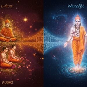 A dramatic split-screen composition showing two distinct yet harmoniously balanced realms. On the left side, depicting Dvaita philosophy: Multiple ethereal Indian spiritual figures in meditation, surrounded by golden particles, showing clear separation between devotee and divine, with Sri Madhvacharya's serene form in traditional ochre robes floating above them. On the right side, representing Advaita: A single luminous figure merging into a cosmic ocean of consciousness, with Sri Adi Shankaracharya's form emerging from pure light, wearing white dhoti and holding scriptures. The center features a large, intricate mandala bridge connecting both realms, adorned with Sanskrit sacred geometry patterns. The background shows the cosmic universe with stars, nebulas, and spiritual symbols in deep indigo and gold. Soft glowing orbs and lotus petals float throughout. Art style combines traditional Madhubani patterns with modern digital art techniques, using rich colors like deep maroon, saffron, turquoise, and gold. The overall composition suggests both duality and unity, with ethereal lighting and a mystical atmosphere.