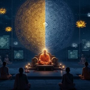 A serene night scene depicting a modern Indian meditation hall with glass walls, where a spiritually enlightened Indian guru in contemporary white kurta sits in padmasana on a raised platform. Behind him, a large, intricately detailed mandala floats, divided into two distinct halves - one radiating golden light (representing Brahman) and the other in deep blue (representing individual souls). Sacred threads of light connect these halves, symbolizing the duality. The scene features floating 3D sacred geometry patterns and modern holographic displays showing ancient Sanskrit texts. Multiple lotus flowers in various stages of bloom float in the air, some traditional and others rendered in digital wireframe. The lighting is dramatic with soft blue undertones and warm golden highlights. In the foreground, young Indian tech professionals in modern attire sit alongside traditional spiritual seekers, symbolizing the bridge between ancient wisdom and contemporary life. The art style combines traditional Madhubani patterns in the mandala with sleek, modern digital aesthetics, featuring a color palette of deep indigo, burnished gold, and ethereal white.