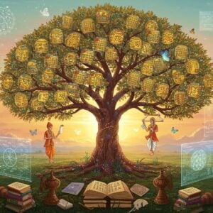 A majestic tree of knowledge with branches made of golden Sanskrit scriptures and digital binary code intertwining, growing from ancient Indian manuscripts at its base. The trunk features intricate Madhubani patterns in deep maroon and peacock blue. Around the tree, modern Indian students in contemporary clothing float in meditation poses, surrounded by holographic screens displaying quantum physics equations, robotic components, and traditional Vedic mathematics symbols. The background shows a sunrise in soft pastel oranges and pinks, with floating mandalas that transition from traditional designs to circuit board patterns. Sacred geometry patterns in gold leaf create a framework across the scene. Traditional guru-shishya symbols merge with modern classroom elements. Glowing butterflies made of light carry scrolls and tablets between the branches. The scene is illuminated by both warm sunlight and ethereal blue digital glow. Style should blend traditional Indian miniature painting techniques with modern digital art, maintaining high detail and professional finish. The atmosphere suggests both ancient wisdom and futuristic progress.