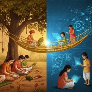 A dynamic scene showing an ancient Indian classroom transforming into a modern one, split diagonally. On the left, a traditional gurukul setting with students sitting cross-legged on the ground under a banyan tree, writing on palm leaves, in muted sepia tones. On the right, a contemporary smart classroom with holographic displays, students of diverse backgrounds using tablets, in vibrant digital blues and whites. In the center, a glowing golden bridge connects both worlds, adorned with Madhubani-style motifs of education symbols like books, laptops, and scientific instruments. The scene features warm lighting with ethereal rays filtering through the banyan tree. Indian students in both traditional and modern attire are depicted with detailed expressions of curiosity and determination. Floating above are intricate mandalas made of educational symbols, digital code, and Sanskrit letters, creating a seamless blend of tradition and technology. The art style combines traditional Pattachitra patterns in the borders with modern digital art techniques, using a color palette of deep navy, burnished gold, terracotta, and ivory white.
