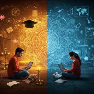 A dramatic split composition with two contrasting Indian students - on the left, a student in modern Indian attire (kurta and jeans) sits cross-legged in a traditional classroom setting with ancient Gurukul architecture, surrounded by Sanskrit manuscripts, brass lamps, and digital tablets showing coding screens. On the right, the same student in western casual wear studies in a modern international university setting with glass buildings, advanced laboratories, and holographic displays. A large intricate mandala serves as a central divider, half in rich Indian colors (saffron, deep red, gold) and half in modern chrome and blue tones. Floating educational symbols - books, graduation caps, laptops, and scientific equipment - spiral around both scenes. The lighting is ethereal, with warm golden rays on the Indian side and cool blue technological gleams on the international side. Art style combines traditional Madhubani patterns in the details with modern digital art techniques, maintaining photorealistic features. The scene includes subtle motifs of lotus flowers and peacock feathers integrated into architectural elements. The overall composition suggests a harmonious blend of traditional wisdom and modern innovation, rendered in a cinematic, high-contrast style with depth of field effects.