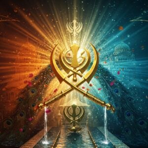 A majestic, golden Khanda symbol floating in a surreal ethereal space, emanating divine light rays in shades of deep saffron and azure blue. At its center, the Ek Onkar symbol glows with intense white light, surrounded by intricate Gurmukhi-style patterns and motifs. The background features a mesmerizing blend of spiritual elements - flowing streams of sacred water, floating lotus petals, and delicate light particles. Two crossed kirpans shine with metallic gleam, their hilts adorned with traditional Punjabi designs. Surrounding the central composition are subtle architectural elements inspired by the Golden Temple, rendered in a minimalist style with golden line work. The scene is framed by swirling patterns of peacock feathers and geometric designs inspired by Sikh architecture. The lighting is dramatic with soft ambient glow, creating a three-dimensional depth. Art style combines photorealistic metallic textures with ethereal digital art techniques, maintaining religious accuracy while presenting a contemporary aesthetic. The entire composition reflects serenity, strength, and spiritual significance in a modern artistic interpretation.
