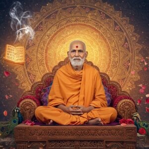A serene portrait of an elderly Indian spiritual master in pristine white dhoti and kurta, seated in padmasana on an intricately carved wooden platform, against a mystical backdrop featuring a large, glowing golden mandala. His face radiates divine wisdom with gentle eyes and a peaceful smile. Floating around him are ethereal symbols - a luminous book representing knowledge, a lotus flower symbolizing spiritual awakening, and swirling patterns of sacred Sanskrit verses in golden light. The background combines traditional Madhubani art patterns in deep indigo and saffron with modern digital elements like soft light rays and particle effects. Multiple small vignettes in circular frames surround him, showing scenes of teaching and meditation. The lighting is warm and divine, with soft golden rays emerging from behind creating a halo effect. The composition includes delicate details of peacock feathers, lotus motifs, and geometric patterns in metallic copper and gold tones. The overall scene has a dreamlike quality with floating rose petals and subtle smoke elements, rendered in a style that blends photorealism with spiritual surrealism.