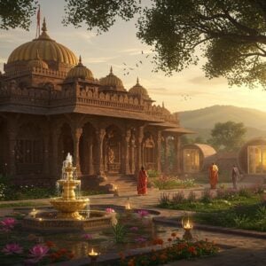 A serene, majestic traditional Indian ashram architecture with modern elements, set against the backdrop of rolling hills at golden hour. The main building features intricate Maharashtrian-style carved wooden pillars and stone work, with a large central dome adorned with gold accents. A flowing water fountain in the foreground reflects golden light, surrounded by blooming lotus flowers and marigolds. Soft rays of sunlight filter through ancient banyan trees, creating ethereal light patterns. Modern meditation pods with glass walls blend seamlessly with traditional architecture. Well-maintained gardens with walking paths feature both traditional medicinal plants and contemporary landscaping. Indian visitors in modern clothing walking mindfully through the premises. The scene is rendered in a style combining traditional Madhubani patterns in the architectural details with contemporary digital art techniques. The color palette includes deep maroons, peaceful blues, warm golds, and gentle earth tones. Floating oil lamps and subtle light orbs add a mystical quality. The overall composition suggests perfect harmony between traditional spirituality and modern comfort.