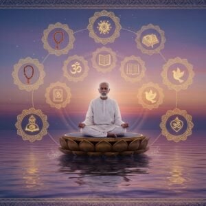 A serene Indian man in his 50s in a simple white kurta, resembling Eknath Easwaran, seated in padmasana on a lotus-shaped meditation platform floating above calm waters. Eight golden, glowing mandalas orbit around him in a circular formation, each containing distinct spiritual symbols - a japa mala, a book of wisdom, a clock showing early morning time, an om symbol, joined hands in prayer, a peaceful dove, a glowing heart, and a dhyana mudra. The background features a soft gradient from deep indigo to dawn pink, with ethereal light rays filtering through. Delicate sacred geometry patterns in gold float in the air. The water below reflects the scene like a mirror, creating perfect symmetry. Traditional Madhubani-style border patterns frame the edges, but with modern minimalist interpretation. The lighting is gentle and otherworldly, with emphasis on golden and purple auras. Hyperrealistic digital art style with subtle Indian traditional art influences.