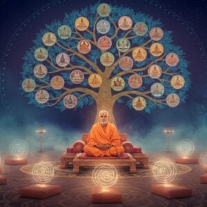 A serene portrait of an elderly Indian spiritual teacher in a traditional white kurta, seated in padmasana on a floating lotus platform, emanating soft golden light. Behind him, a massive ethereal tree of wisdom with branches forming intricate mandalas, each containing different aspects of meditation practices. The tree's leaves are translucent sacred Sanskrit texts that glow with a subtle blue light. In the foreground, a circular arrangement of eight meditation cushions with soft pastel auras, representing the eight-point program. Swirling energy patterns in peacock blue and saffron colors create a spiral path leading to the teacher. Modern minimalist geometric patterns blend seamlessly with traditional Indian motifs in the background. The scene is illuminated by both modern ambient lighting and traditional oil lamps, creating a harmonious blend of contemporary and timeless elements. Art style combines hyperrealistic digital rendering with Madhubani-inspired patterns, featuring a color palette of deep indigo, burnished gold, and soft coral pink. Ethereal mist surrounds the entire scene, giving it a dreamlike, transcendent quality.