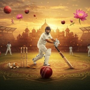 A dynamic scene of an Indian cricket stadium at sunset, with a heroic figure in classic white cricket attire positioned in the foreground, his posture reflecting determination and grace. The stadium features intricate Madhubani-style patterns in the architecture, with traditional motifs seamlessly blending into modern design. Golden light bathes the scene, creating a warm, nostalgic atmosphere. Cricket equipment laid out in a mandala pattern around the figure, including a bat, ball, and stumps, each decorated with delicate Pattachitra-style patterns in gold and peacock blue. Floating lotus flowers and cricket balls intertwine in the air, creating a surreal pattern. The background shows silhouettes of young cricketers practicing, symbolizing legacy. Soft glowing orbs of light illuminate the scene, while subtle spiritual symbols like Om are tastefully integrated into the stadium's architecture. The color palette combines deep maroons and saffron with modern metallic accents, while maintaining a dreamy, ethereal quality. Hyperrealistic digital art style with photographic details of the cricket equipment and stadium, yet maintaining a magical, inspirational atmosphere.