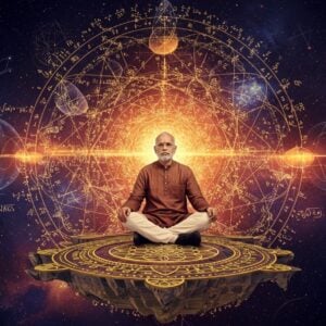 A distinguished Indian mathematician in a contemplative pose, seated cross-legged on a floating geometric platform made of golden sacred geometry patterns. He's wearing modern professional attire with an Indian touch. Behind him, a massive, intricate mandala composed of mathematical symbols, algebraic equations, and number sequences spirals outward in deep indigo and gold. Multiple translucent layers showing modular forms and elliptic curves float in 3D space, rendered in glowing saffron and peacock blue. The background features a cosmic void filled with shimmering mathematical matrices and number lattices. Sacred Vedic geometric patterns interweave with modern mathematical visualizations. The scene is illuminated by soft, ethereal light creating a surreal atmosphere. Traditional Madhubani-style border patterns morph into complex mathematical fractals. The color palette combines deep maroons, royal blues, and metallic golds with subtle pastel undertones. The overall composition suggests a bridge between ancient Indian mathematical wisdom and modern algebraic geometry.