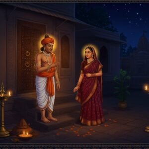A serene nighttime scene depicting Saint Eknath and his devoted wife Harika in traditional 17th-century Maharashtrian attire, standing together on the steps of their home in Paithan. Eknath wears a white dhoti and angavastram, while Harika is dressed in a rich maroon nine-yard saree with golden border. A soft divine glow emanates from behind them, creating a mystical atmosphere. The background shows their modest home with an ornate wooden door decorated with traditional Maharashtrian patterns. The scene is illuminated by brass oil lamps creating warm golden light. Intricate Madhubani-style border patterns frame the scene, featuring peacocks and lotus motifs in deep blues and golds. The couple's expressions reflect deep devotion and mutual respect. Small details include sacred tulsi plant in the courtyard and Vitthala temple silhouette in the distance. The art style combines traditional Indian miniature painting techniques with modern digital aesthetics, using a color palette of deep maroons, midnight blues, antique gold, and warm earth tones. Ethereal sparkles and subtle mandala patterns float in the air, suggesting divine presence.