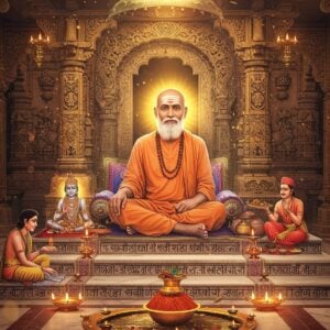 An ethereal portrait of Sant Eknath Maharaj seated in padmasana on ornate marble steps, wearing a simple white dhoti and angavastram, radiating divine golden aura. His serene face shows compassionate expression, with tilak on forehead and grey beard. Behind him rises an intricately carved ancient Maharashtrian temple with Madhubani-style patterns. On the steps around him, visual metaphors of his teachings unfold - an elaborate mandala made of Sanskrit texts and abhangas, poor people being served food symbolizing his social work, and Krishna-bhakti scenes. The composition features floating lotus flowers, soft glowing diyas, and flowing water from a copper kalash. The color palette combines deep maroons, saffron, and peacock blue with modern gradient lighting effects. The scene is enhanced with subtle digital particle effects and lens flares in gold and white, creating a bridge between traditional and contemporary aesthetic. The overall atmosphere is mystical yet welcoming, with soft morning light filtering through temple pillars.