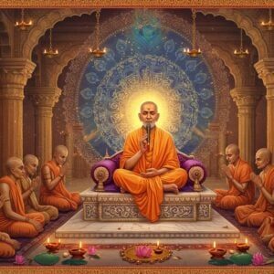 A serene Indian spiritual scene showing Sant Eknath Maharaj in traditional saffron dhoti and angavastram, seated in padmasana on an ornate marble platform, radiating divine golden light. He is depicted singing with eyes closed in deep devotion, with ethereal musical notes visualized as golden swirls around him. Behind him, a large intricate mandala in peacock blue and gold contains subtle representations of Lord Krishna's symbols - the flute, peacock feather, and lotus. Multiple devotees in traditional Maharashtrian attire are seated around him in reverence, some with folded hands. The background features a mystical temple architecture with ornate pillars and arches in warm sandstone tones. Floating diyas and lotus flowers create a magical atmosphere. The art style combines traditional Pattachitra patterns in the borders with modern digital painting techniques, atmospheric lighting, and a dreamy color palette of deep maroons, saffron, and gold with subtle glowing effects.