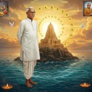 A dignified elderly Indian man in traditional white kurta and dhoti, resembling Eknath Ranade with his characteristic round glasses and serene expression, standing tall against a backdrop of the iconic Vivekananda Rock Memorial in Kanyakumari. The memorial emerges from swirling, ethereal waters in Madhubani-inspired patterns of deep blues and teals. Around him, a spiral of glowing golden symbols representing education, social reform, and spiritual awakening floats in the air. The scene is framed by intricate mandala patterns in saffron and maroon, with small vignettes showing teaching scenes, youth gatherings, and social service activities. The lighting is warm and spiritual, with soft rays of sunlight breaking through clouds, creating a divine atmosphere. The art style combines hyperrealistic portrait details with traditional Indian art elements, featuring delicate line work and rich cultural motifs. The composition includes subtle lotus flowers and peaceful doves in flight, symbolizing his vision of social harmony. The overall mood is inspirational and transformative, with a modern digital finish that maintains cultural authenticity.