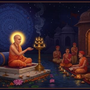 A serene night scene depicting Sant Eknath in traditional dhoti and angavastram, sitting cross-legged on an ornate marble platform, radiating a soft golden aura. He's performing aarti with a beautifully decorated brass lamp with multiple wicks. Behind him, a large, intricately detailed mandala in Madhubani style glows in deep blues and golds. To his right, lower-caste villagers in simple clothing are being welcomed into a temple, while to his left, scholars sit with palm-leaf manuscripts of abhangs. The scene is illuminated by floating diyas creating patterns of light and shadow. Delicate smoke tendrils from the aarti lamp form mystical patterns in the air. The background features a stylized temple architecture with geometric patterns and flowing water symbolizing the Godavari river. The color palette combines deep maroons, saffron, and midnight blues with touches of gold leaf effect. The overall composition blends traditional Pattachitra art style with modern digital aesthetics, creating a dreamlike, spiritual atmosphere. Small details include lotus flowers floating in water, scattered marigold petals, and subtle Sanskrit verses flowing like ribbons of light.