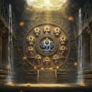 A majestic, intricately carved cave temple entrance with weathered stone, illuminated by ethereal golden light streaming through ancient openings. In the center, a spectacular relief panel showcasing all ten avatars of Lord Vishnu arranged in a circular mandala pattern - Matsya (fish), Kurma (turtle), Varaha (boar), Narasimha (lion-man), Vamana (dwarf), Parashurama (with axe), Rama (with bow), Krishna (with flute), Buddha (in meditation), and Kalki (on white horse). Each avatar glows with different colored aura - deep blues, rich golds, and royal purples. The background features traditional Ellora architectural elements with ornate pillars and elaborate rock-cut designs. Floating lotus flowers and spiritual symbols in golden light add a mystical atmosphere. The scene is enhanced with subtle waterfalls cascading down the cave walls, creating a ethereal mist. Art style combines hyperrealistic stone textures with magical Indian miniature painting details, dramatic lighting, and surreal elements. The overall composition should have depth, showing both the grandeur of the cave architecture and the intricate details of the sculptural reliefs.