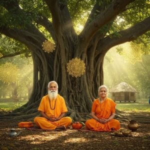 A serene elderly Indian couple in simple saffron and white cotton clothing, sitting peacefully in lotus position beneath a massive ancient banyan tree. The man has grey hair and a well-maintained white beard, while the woman has silver hair styled in a simple bun. Golden sunshine filters through the leaves, creating ethereal patterns on the forest floor. Around them, their minimal possessions: a water pot, prayer beads, and simple wooden bowls. The background shows a small thatched hut integrated naturally into the forest landscape. Delicate mandala patterns float in the air, rendered in soft golden light. The scene is framed by blooming lotus flowers and peaceful forest creatures like deer and peacocks. The art style combines traditional Madhubani patterns in the foliage with modern digital lighting effects, using a warm color palette of earth tones, forest greens, and gentle golds. The couple's faces radiate contentment and spiritual wisdom, with subtle glowing auras around them. Photorealistic rendering with mystical elements, emphasizing the peaceful transition from material life to spiritual simplicity.